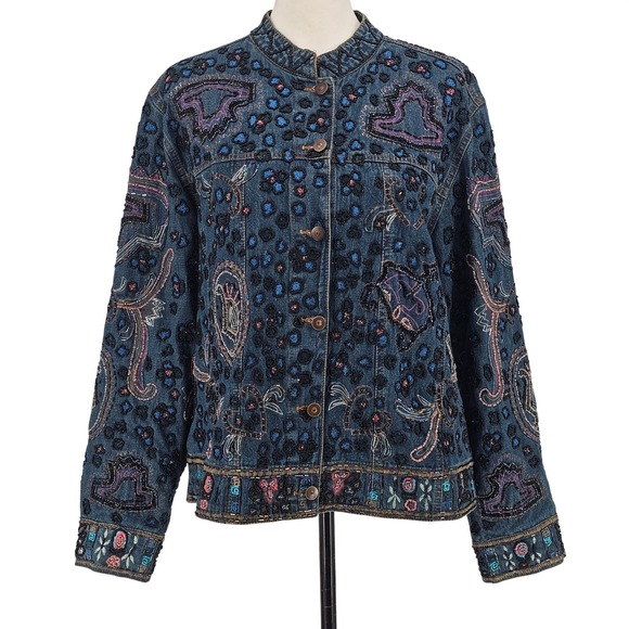 Chico's Jackets & Blazers - Chicos Heavily Beaded Denim Jacket L Blue Art to Wear Bohemian Paisley Artsy